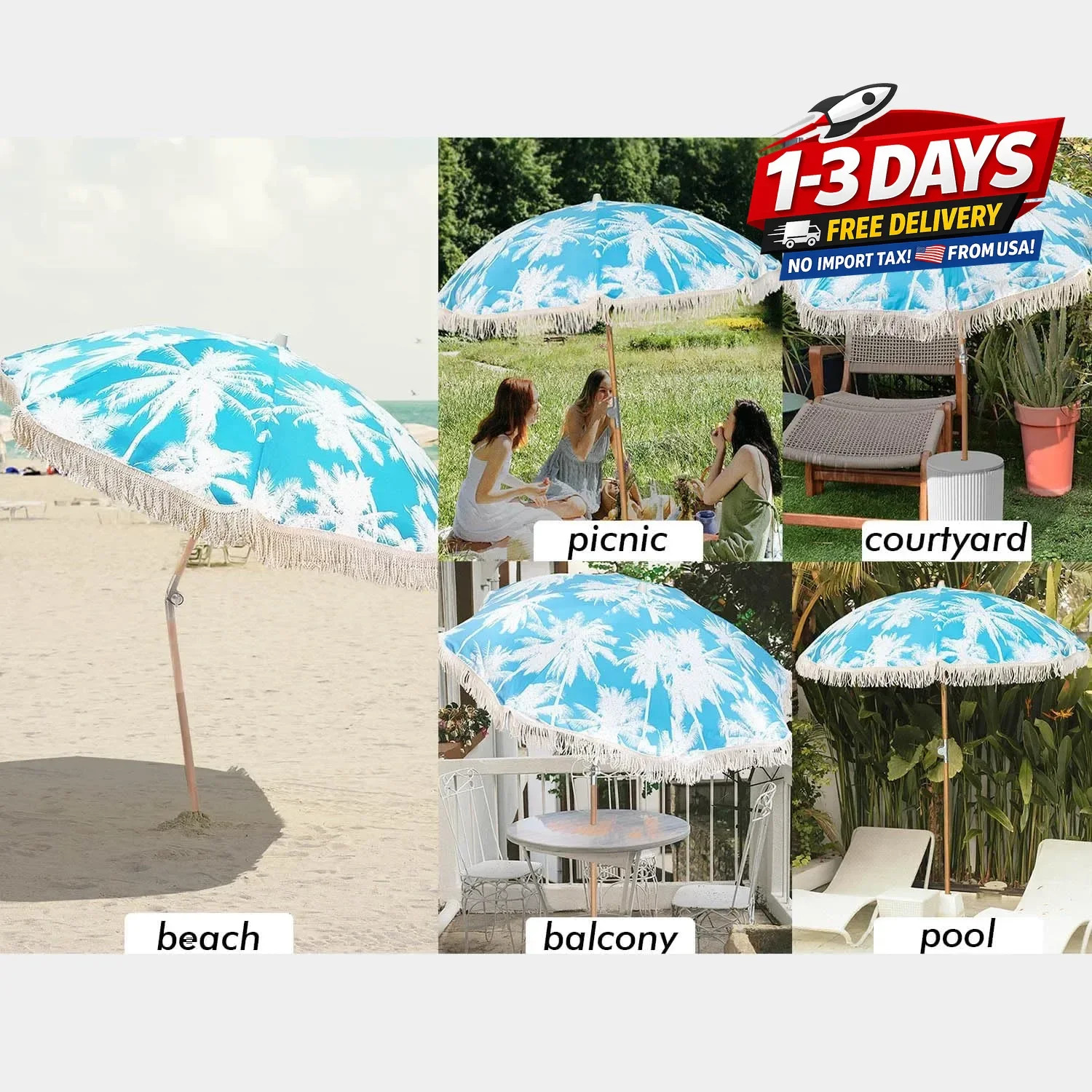 6.5Ft Boho Beach Umbrella with Fringe, Tassel Umbrellas with Tilting Wood Pole &