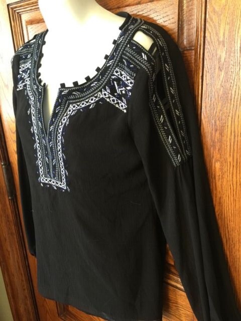 WHITE HOUSE BLACK MARKET Aztec Embroidered, Cold Shoulder/Sleeve, PEASANT TOP 2