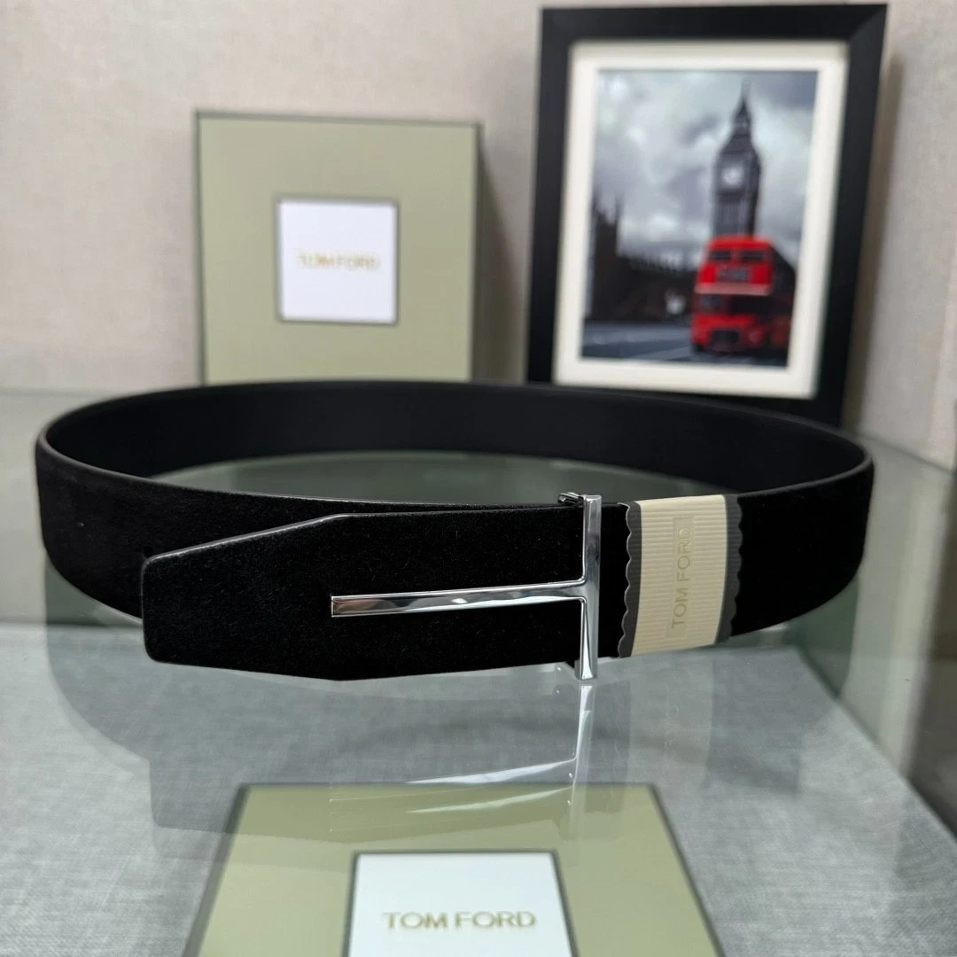 Tom Ford Men’s Black Suede Leather Belt 38mm Silver T Buckle New