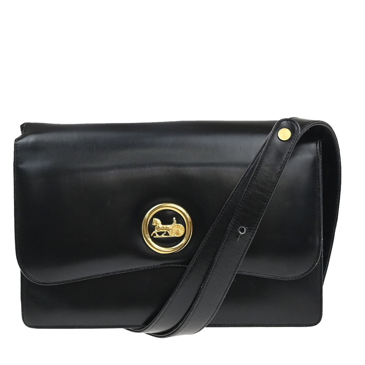 CELINE PARIS Logo Horse Carriage Shoulder Bag Leather Black Gold Italy 38KP606