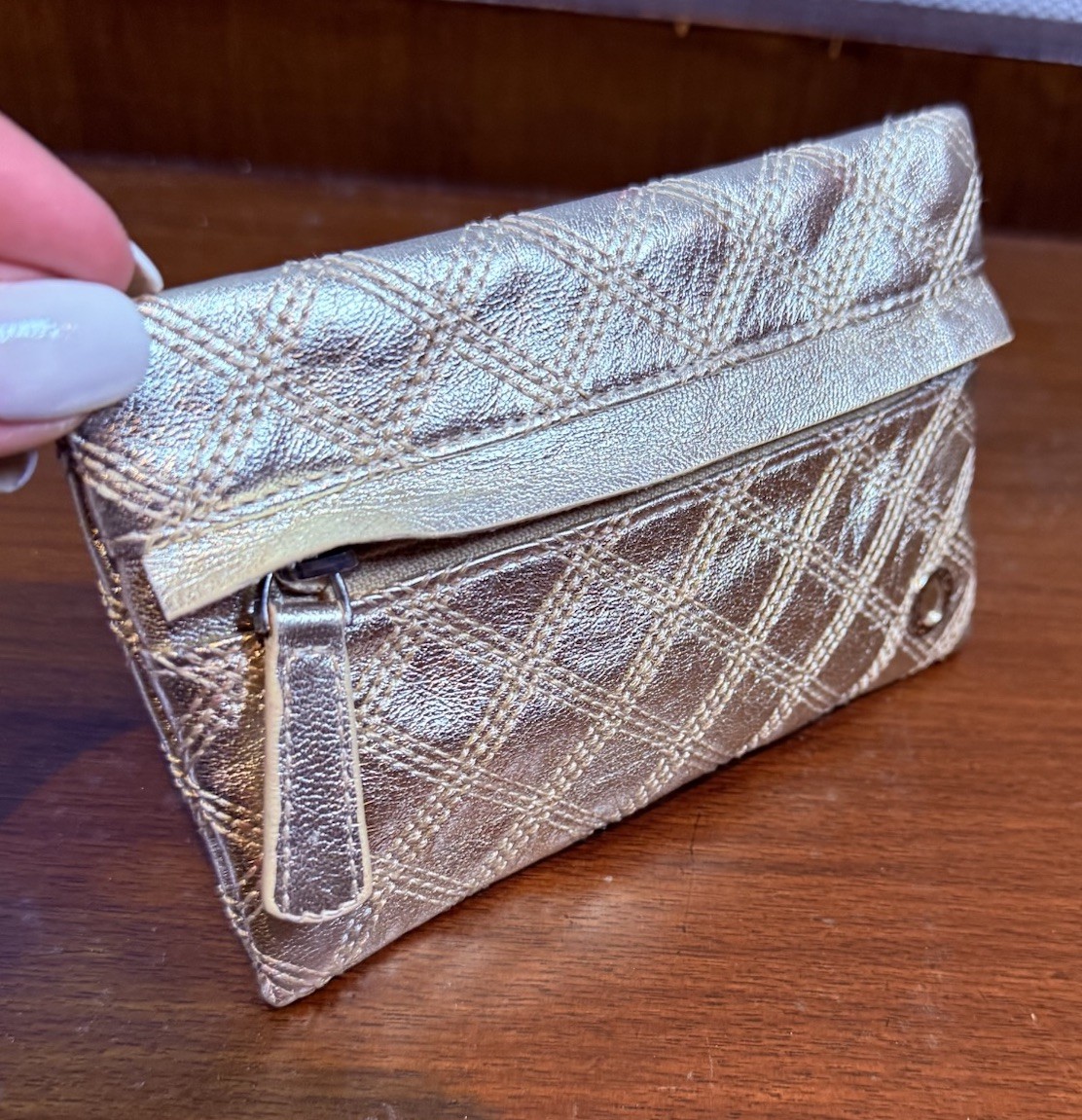 Oroton Quilted Gold Leather Coin Purse Small Zip Key Wallet Pouch Quality