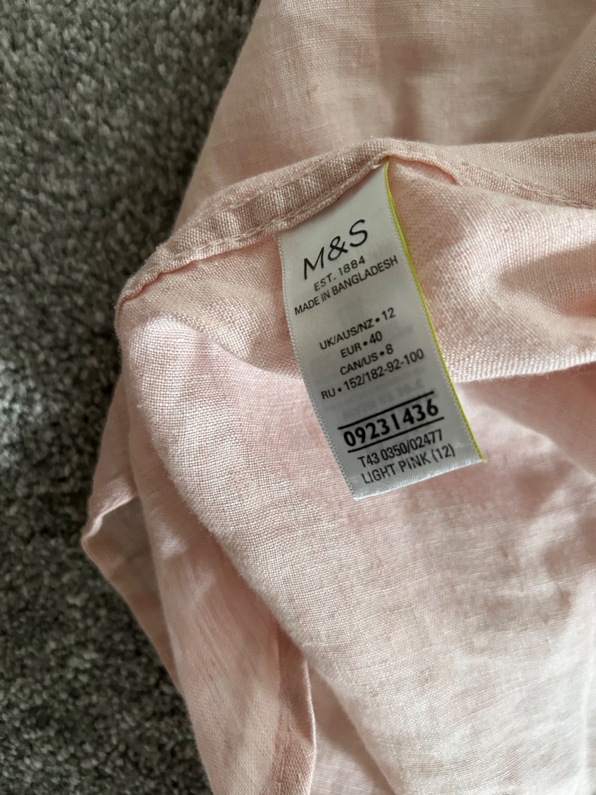 M&S Pure Linen Shirt Blouse Size 12 Pale Pink Long Sleeve Summer Holiday VGC
