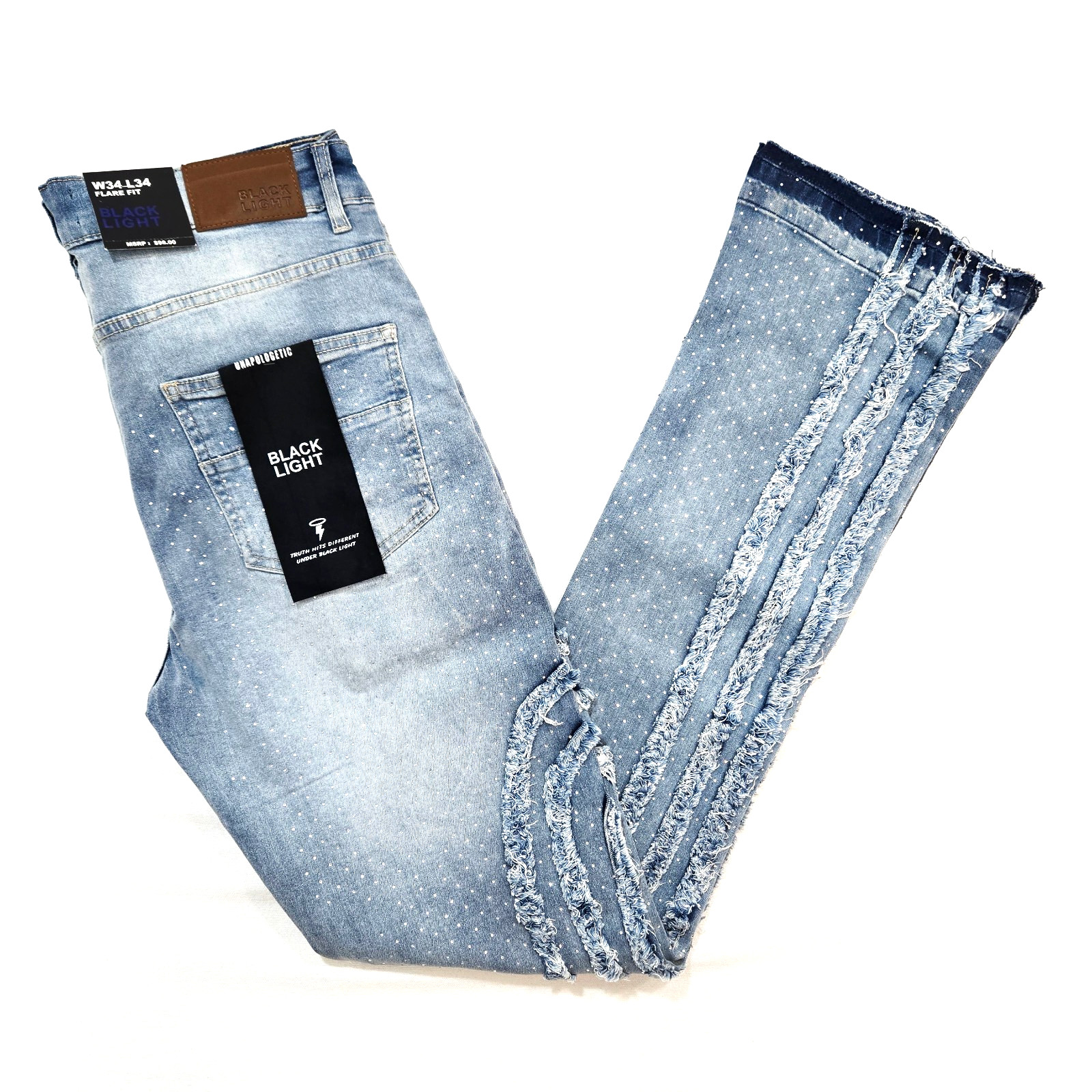 Black Light Men Jeans Stretch Slim Straight Flare Fit Med Blue Denim Rhinestone