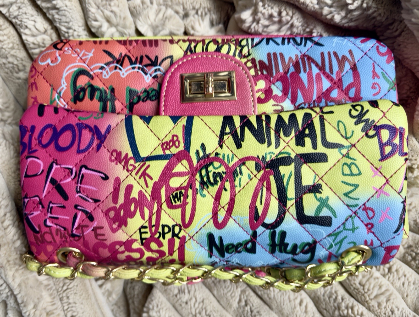 Alba Colorful Funky Graffiti Print Quilted Flap Shoulder Bag