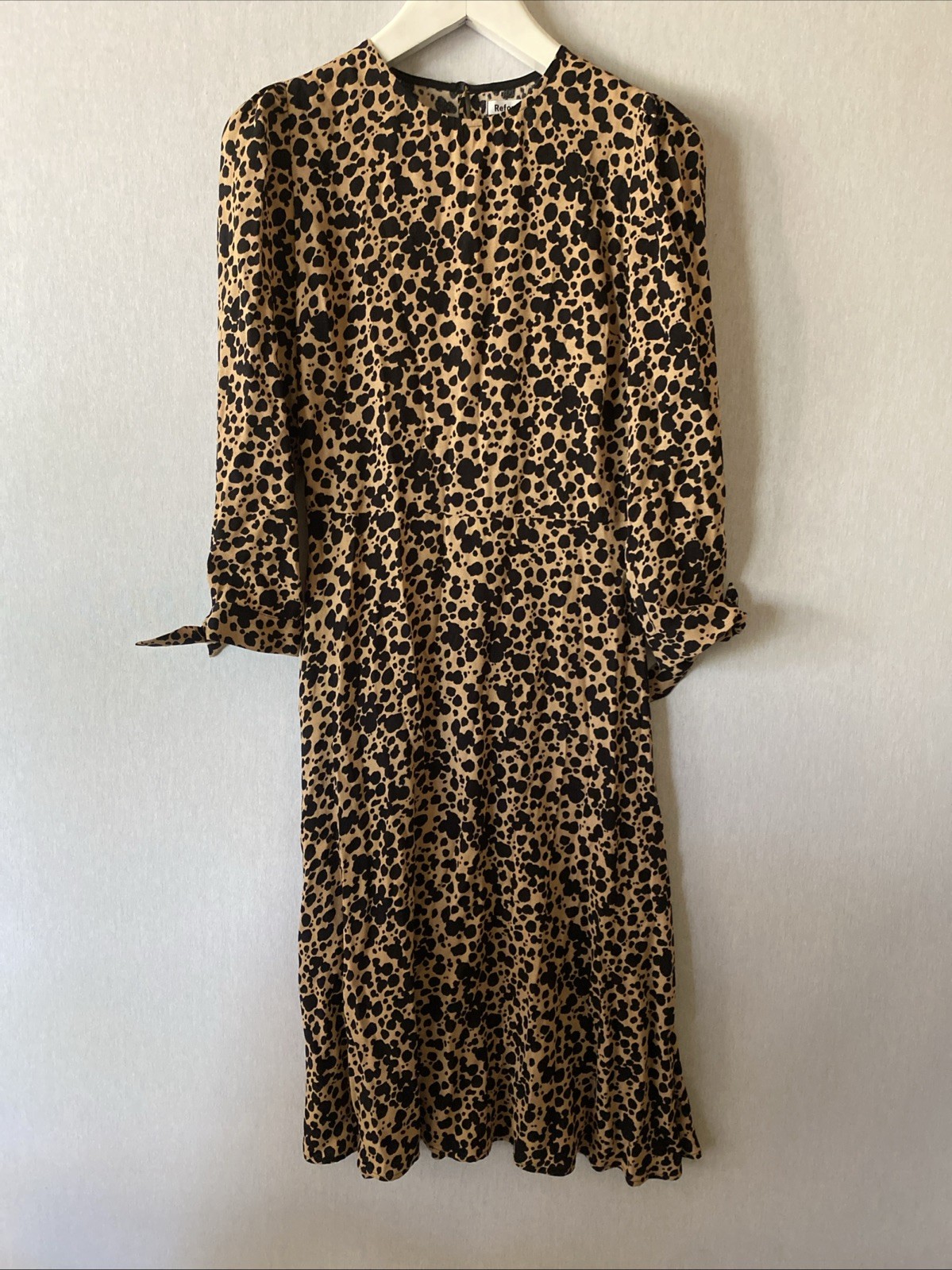 Reformation Port Black & Tan Leopard Print A-Line Tie Sleeve Midi Dress Size 8