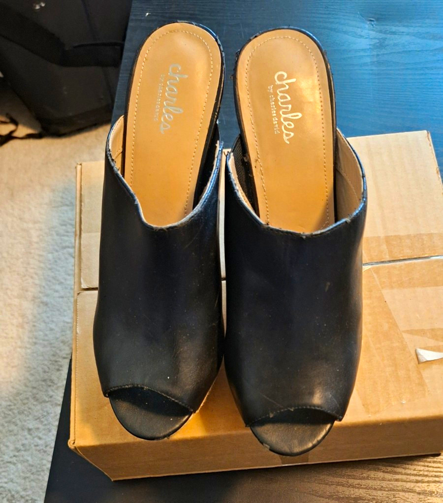 Charles by Charles David Black Leather Open Toe Mule Slip-On Wedge Heel 11M