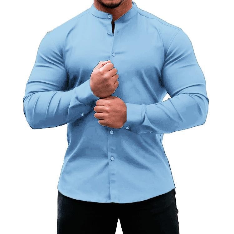 Men’s Muscle Dress Shirts Slim Fit Collarless Stretch Long Sleeve Button Shirt