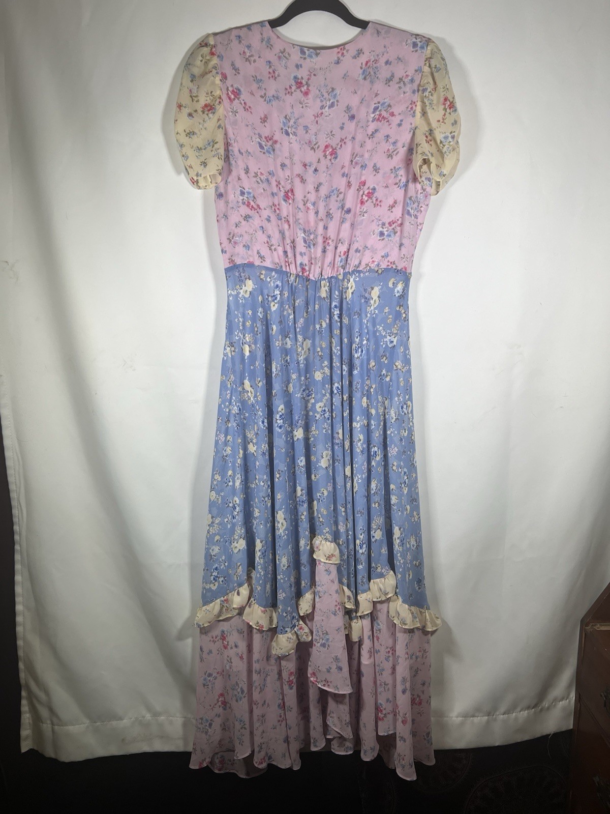 Evie Blue Pink Floral Patchwork Print Midi Dress Button CottageCore Feminine NWT