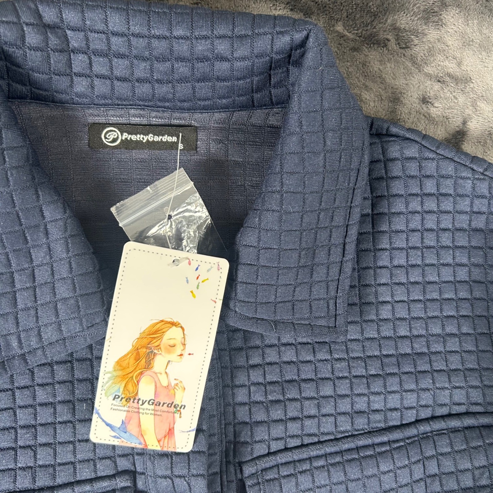 PrettyGarden Quilted Jacket Women Small Blue Button Up Cropped Waffle Knit 6005