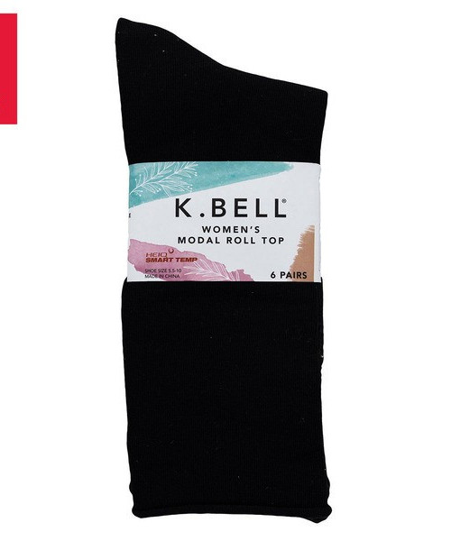 K. Bell Women’s Black Modal Roll Top Socks (6 Pairs) Fits Shoe Size 5.5-10 -NWT