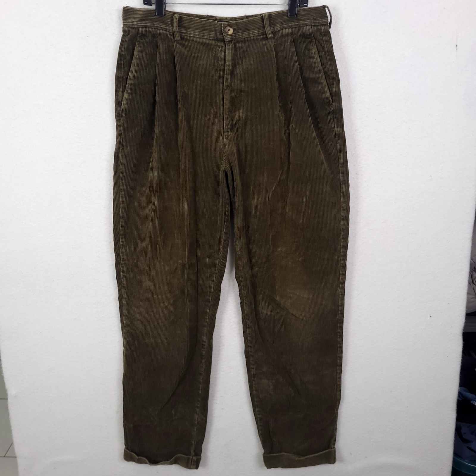 Gap Corduroy Pants Mens Relaxed Fit Pleated Olive 36×34 Fit 34×32 cuffed