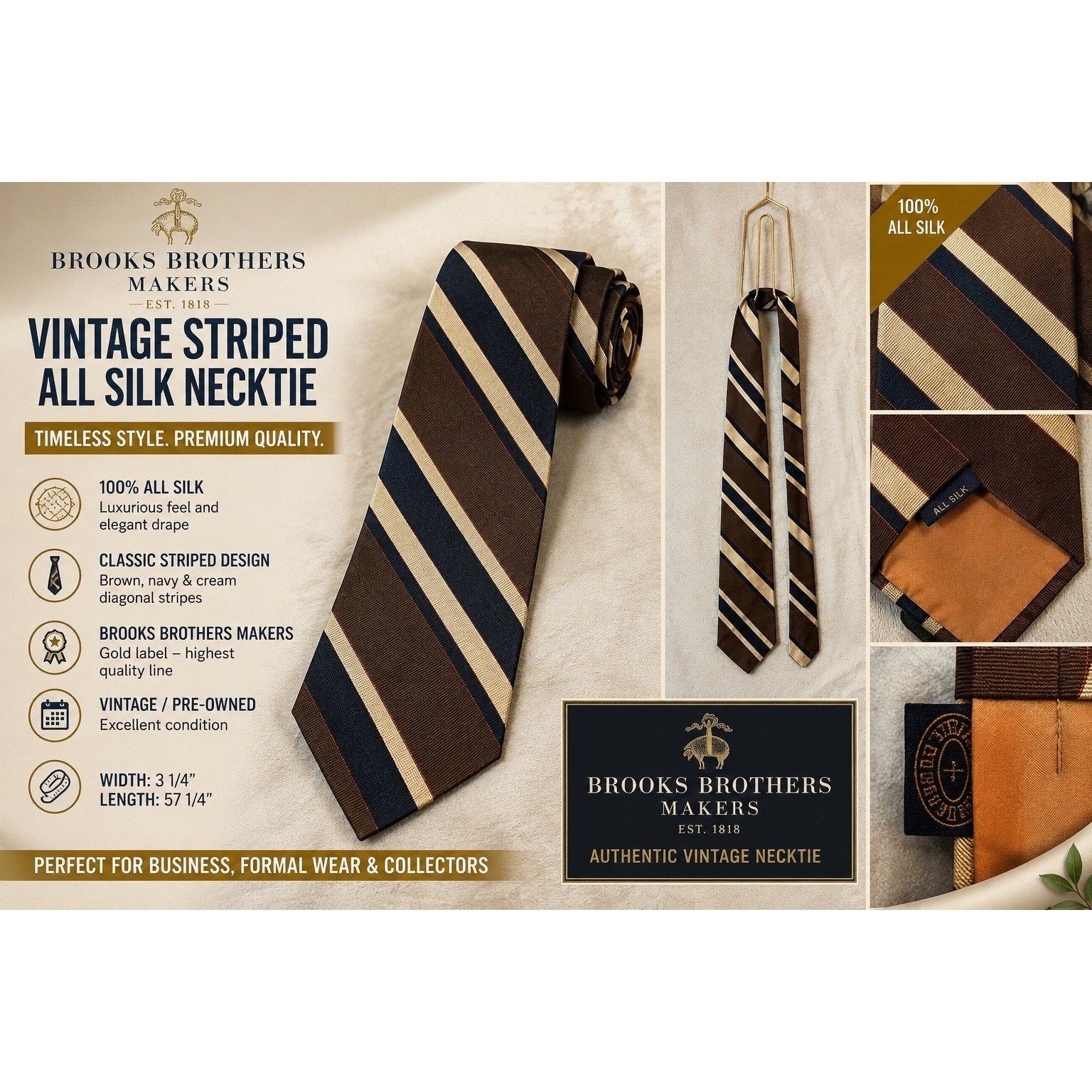 Brooks Brothers Makers Vintage Striped All Silk Necktie Brown Navy Cream 3.25in