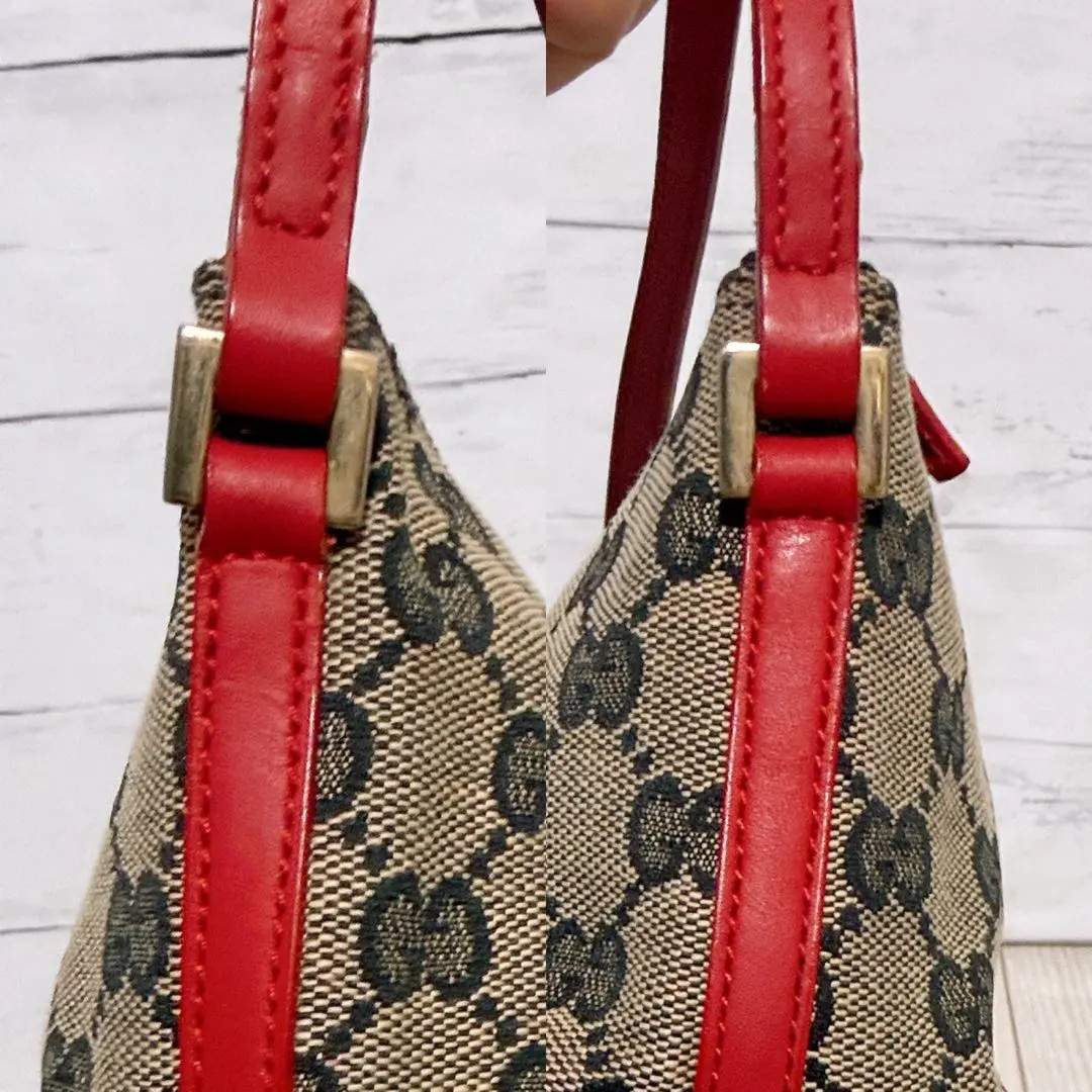 Authentic GUCCI GG Canvas Accessory Pouch Beige Handbag Gold Logo Plate
