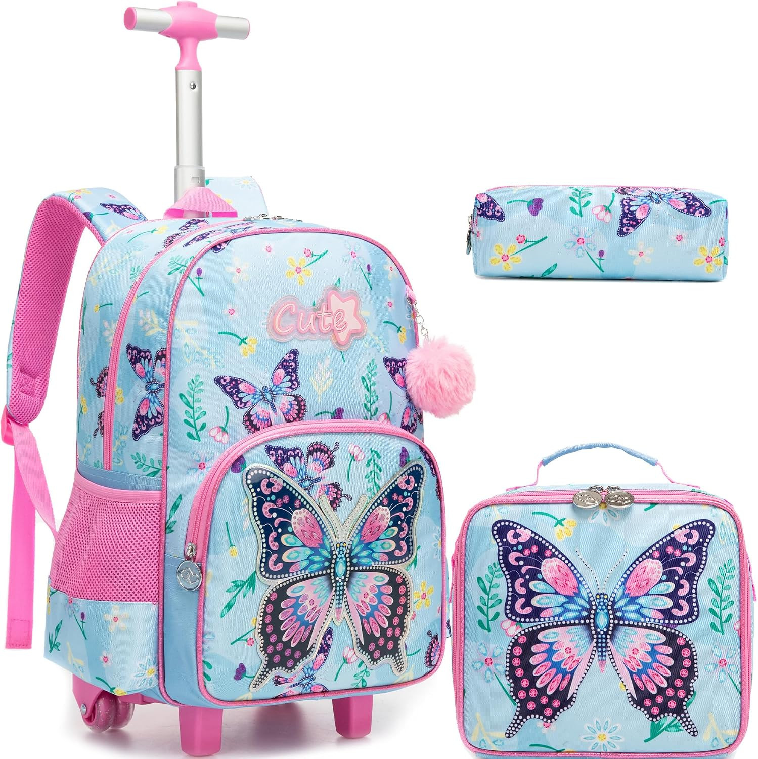 Kids Rolling Backpack with Wheels for Girls Cute Butterfly School Roller Backpac