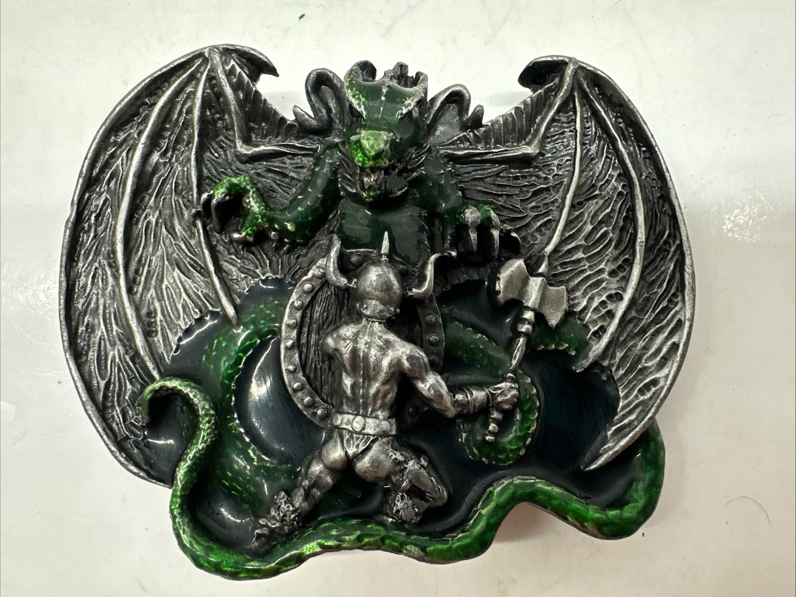 BERGAMOT BRASS WORKS Warrior Fighting Dragon Belt Buckle 1982 Enameled Pewter