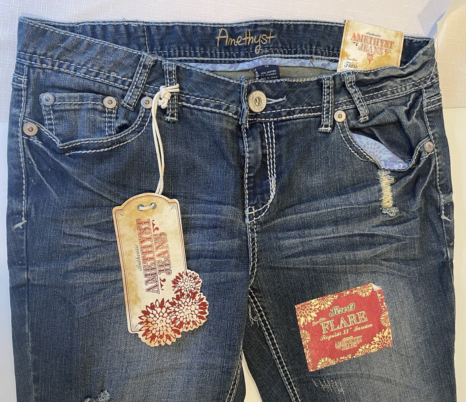 Amethyst Jeans Juniors 13 Blue Bootcut Flare Stretch Denim Dark Wash Embroidered