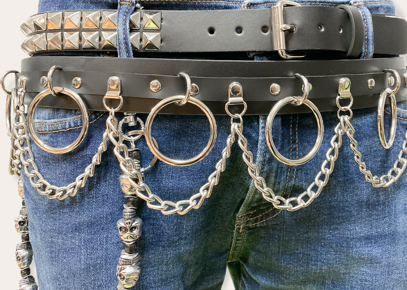 Ring Chain Bondage Belt Genuine Leather D Ring Punk Goth Metal EDM Funk Plus