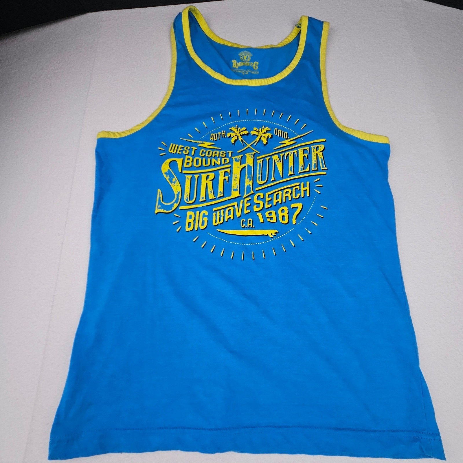 Roebuck & Co Mens Blue Surf Hunter Graphic Tank Top Yellow Trim Size M