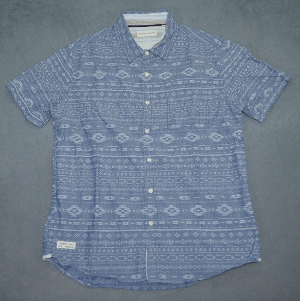 7 Diamonds Shirt Mens Medium Button Up Light Blue Aztec Sun Trails Cotton