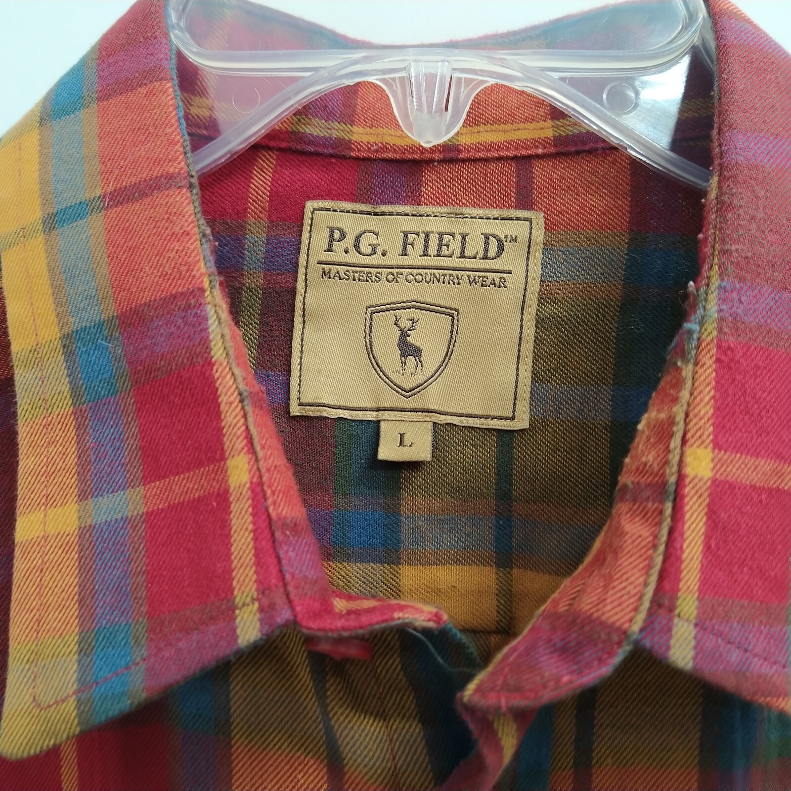 P.G. Field Mens Button Up Shirt Size Large Red Plaid Colorfull Long Sleeve