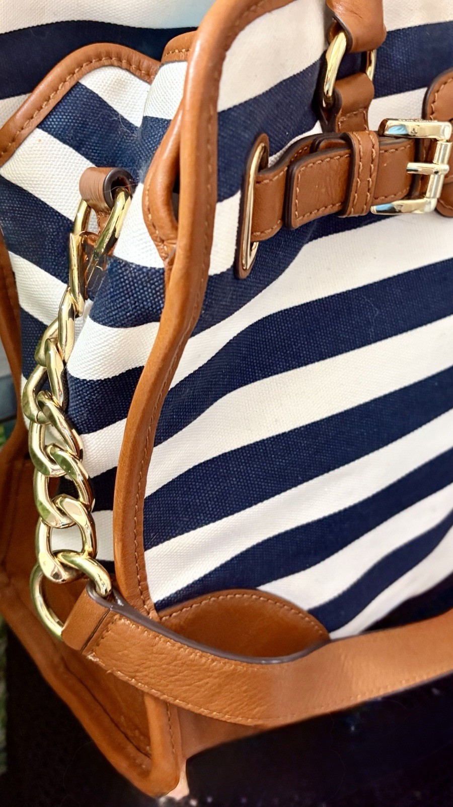 Michael Kors Hamilton Large Tote Satchel Striped Canvas Navy Blue White Leath