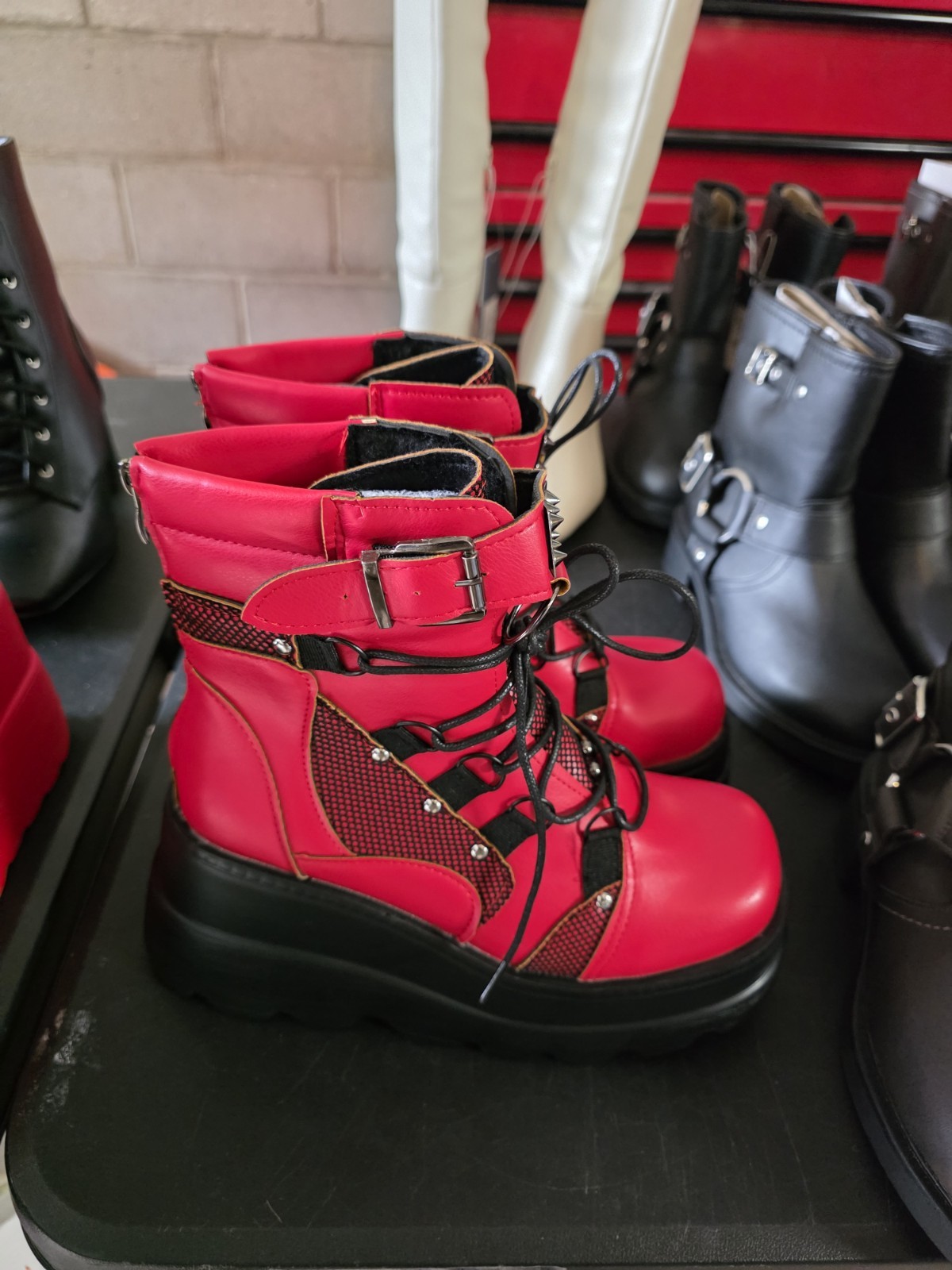 Women’s Size 9, Red And Black, Lace Up, Goth, 3.5in Platform Boots. New.
