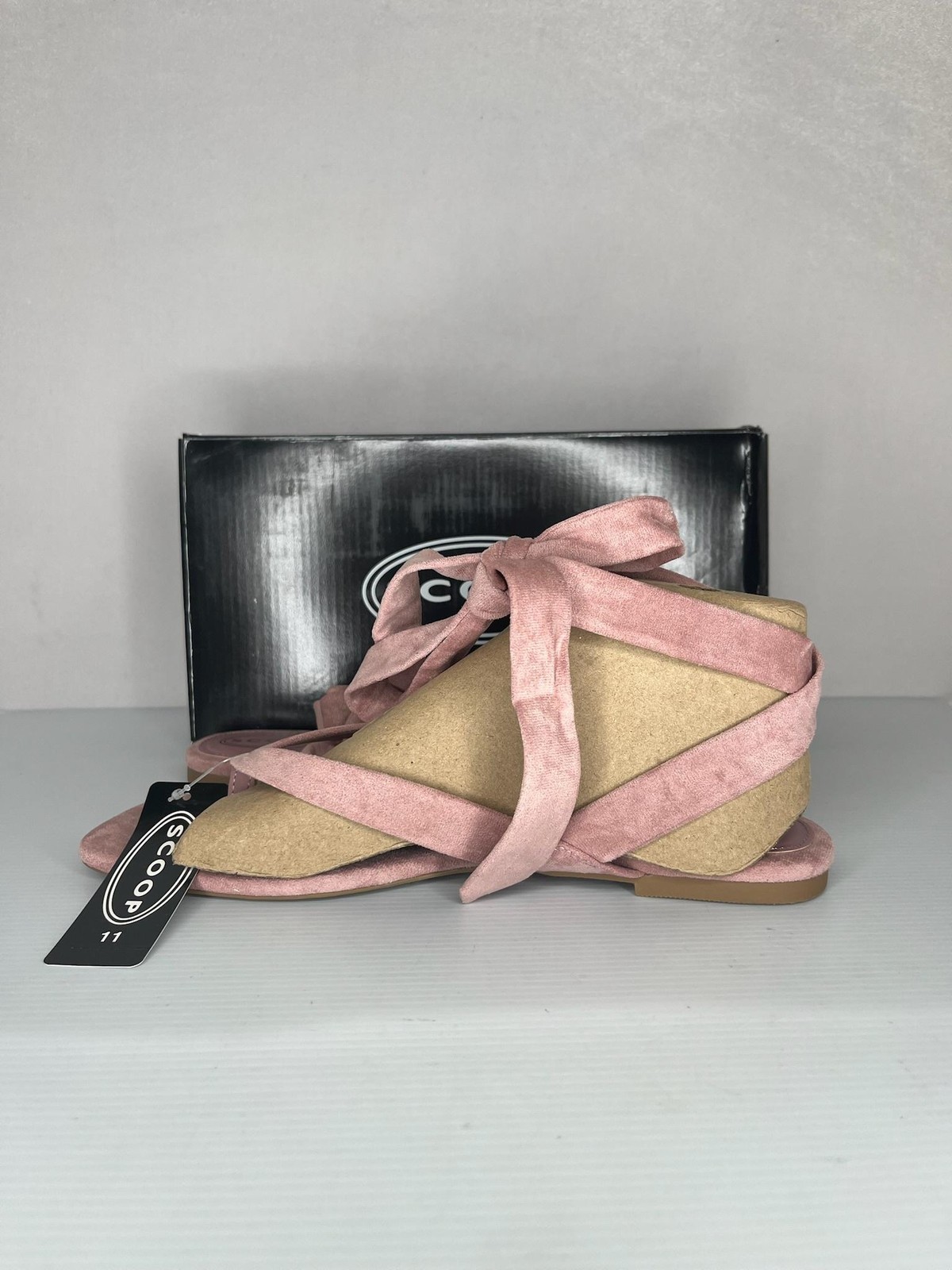 Scoop Sandals Womens Size 11 Pink Wrap Flip Flop Faux Suede Ankle Wrap NEW Box