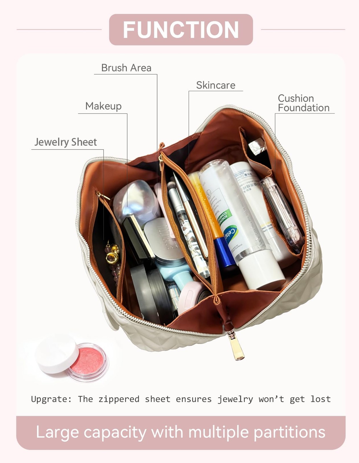 VIDIBESTY Travel Makeup Bag for Women, Large 9.8 x 4.7 x inches, Beige