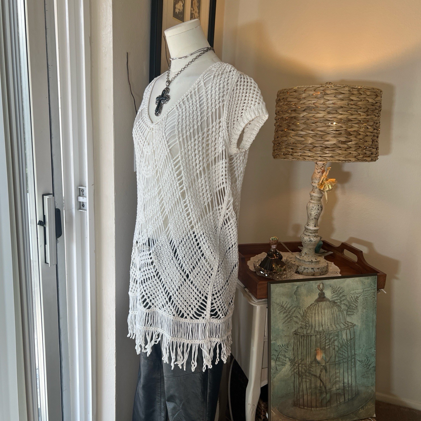 Y2K Crochet Fringe Knit Swimsuit Coverup Boho Fairy Western V Neck Top Tunic