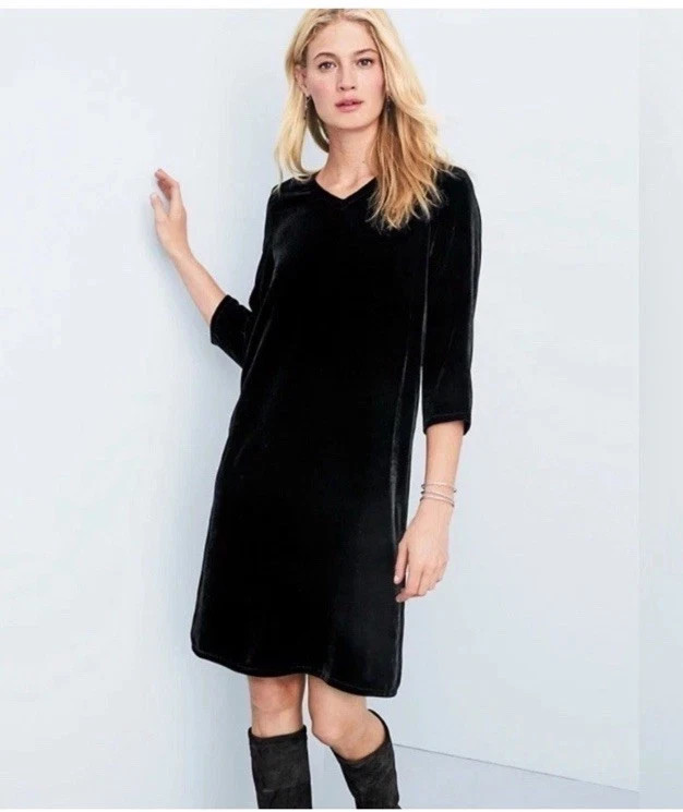 Eileen Fisher women Black Velvet Shift Dress size XXL V neck long sleeve new