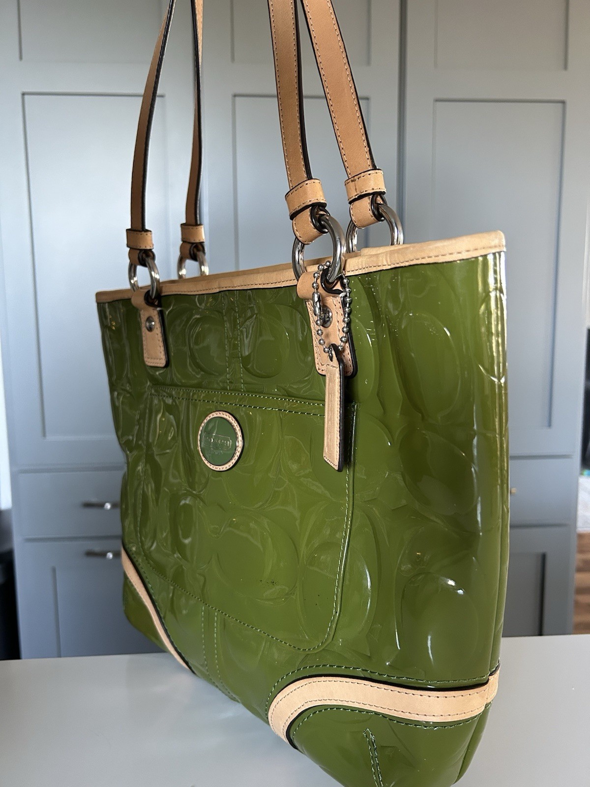 Coach Peyton Embossed Patent Leather Tote in Green Apple