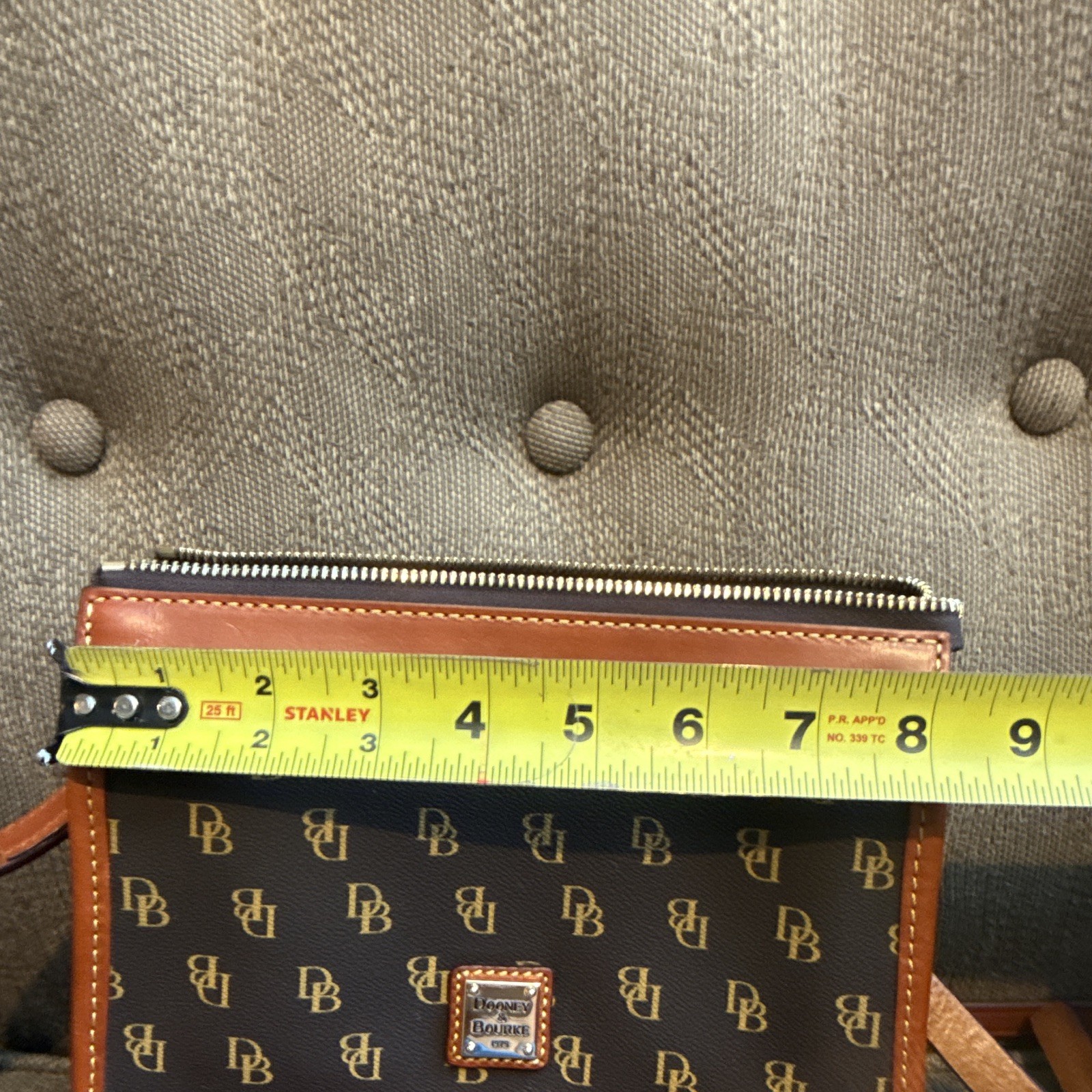 Dooney & Bourke Brown Logo Zip Crossbody, Gold Hardware, Adjustable Strap