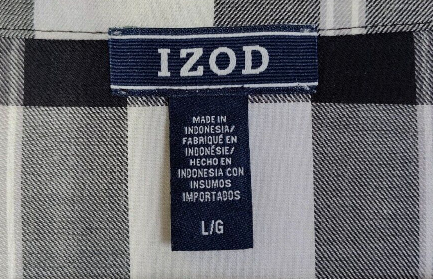Izod Women Top Large Black Plaid Cotton Blend Long Sleeve Reguar Fit T-shirt