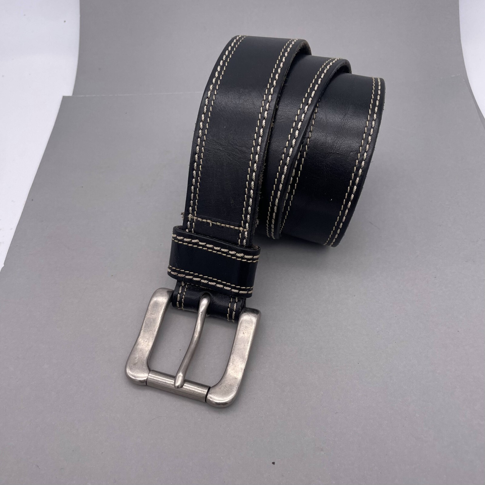 Men’s Black Leather Casual Belt Stitching Detail Silver Tone Buckle Closure 39in