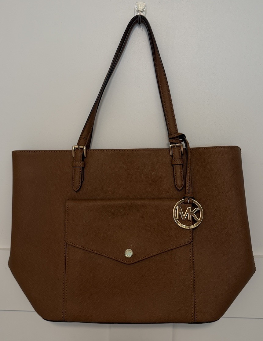 Michael Kors Jet Set Acorn Saffiano Leather Large Snap Pocket Tote Shoulder Bag