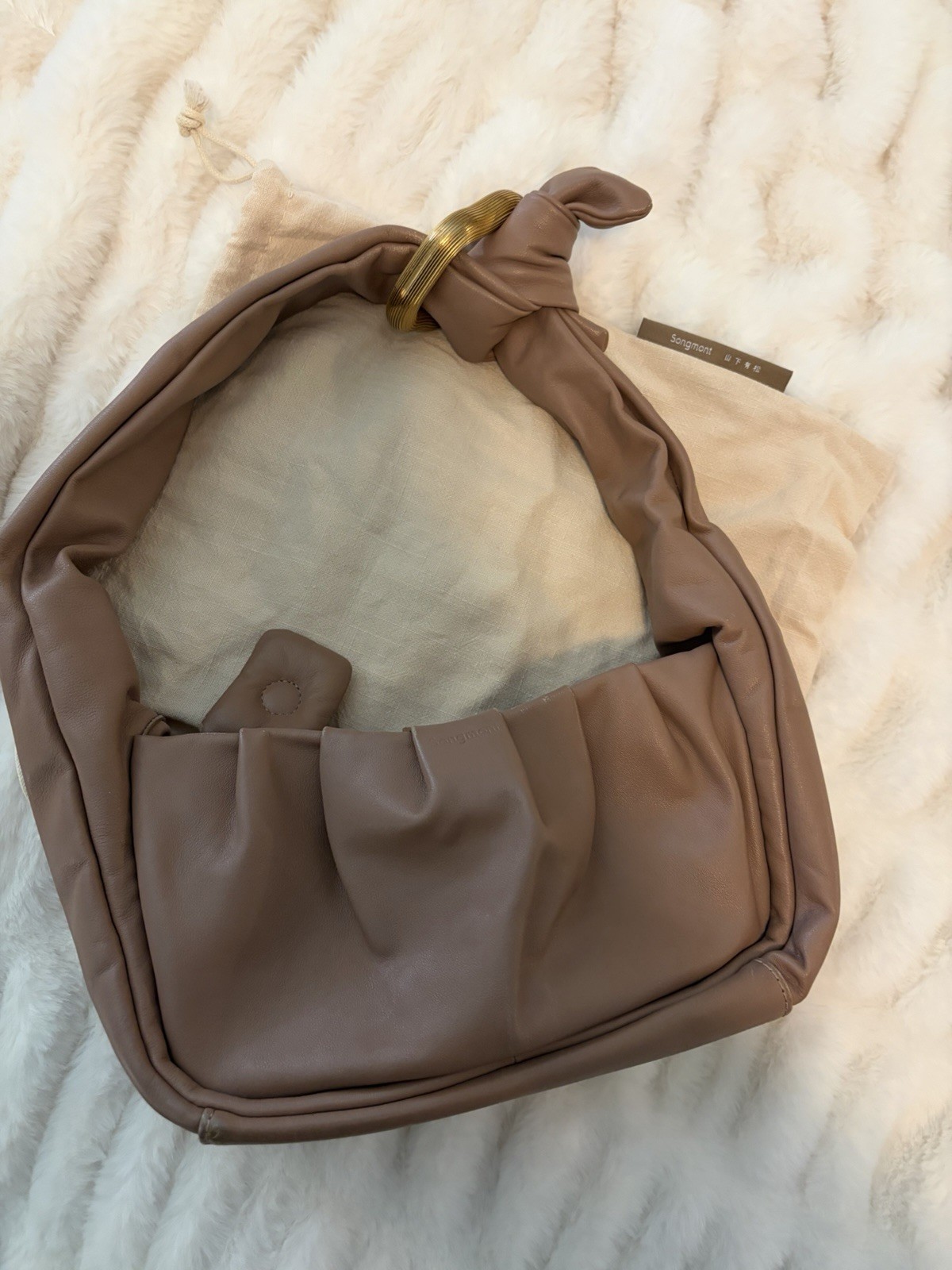 Songmont Tan Small Shoulder Bag Pleated Knot Zip Closure Gold Hardware Dust