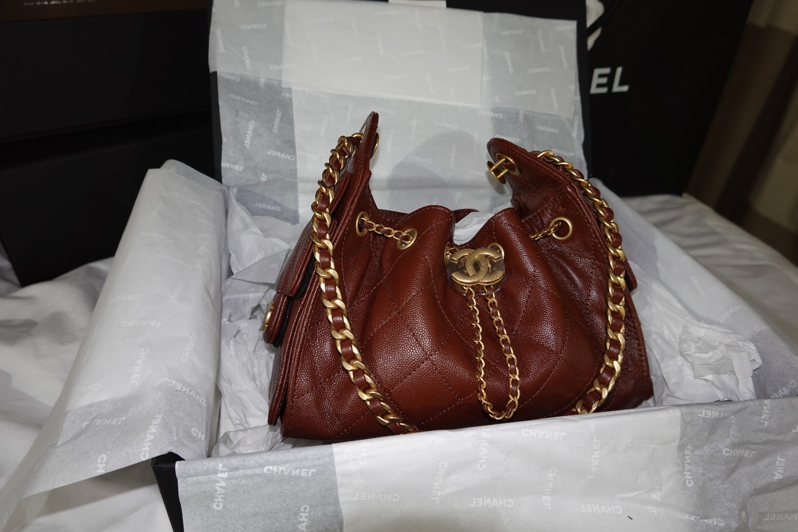 Chanel 25 Mini Dark Burgandy Cavier Gold hardware, Receipt, Orginal Box, dustbag