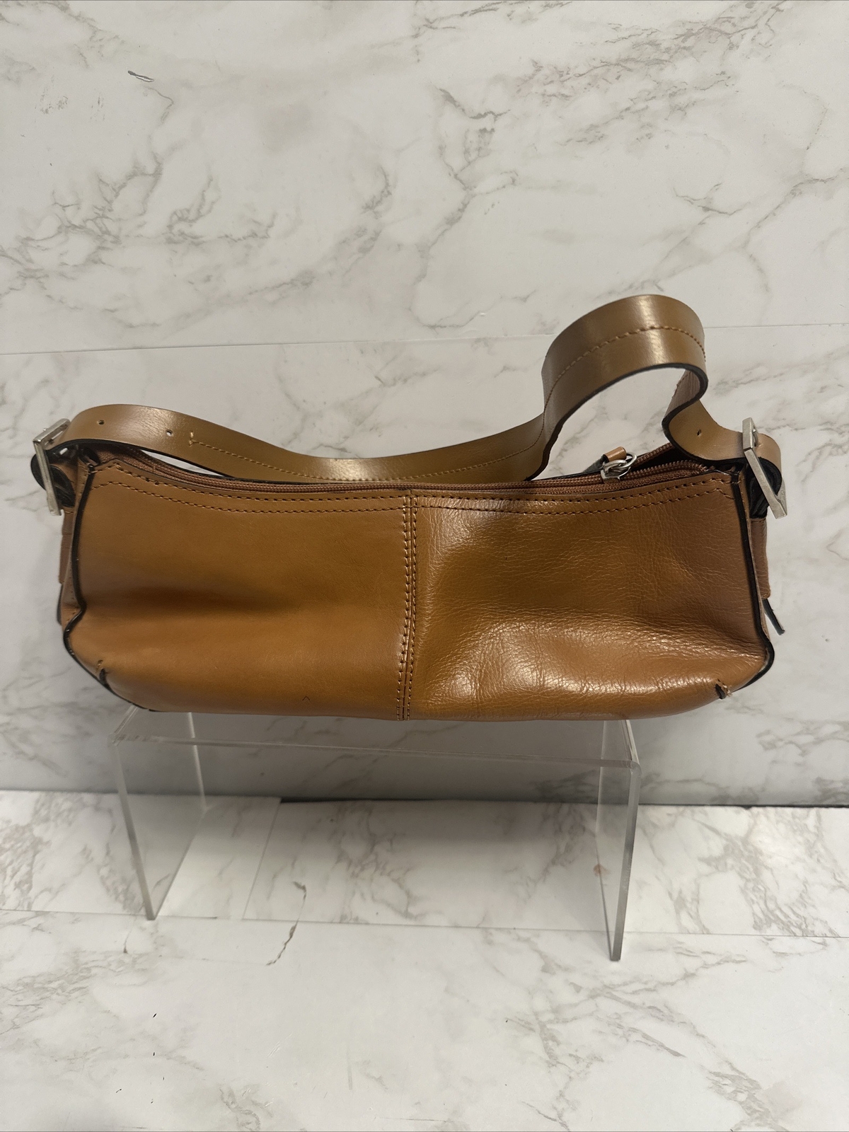 Kenneth Cole Reaction Brown PVC Corpotate Shoulder Bag Trim Baguette 5x11x3.5”