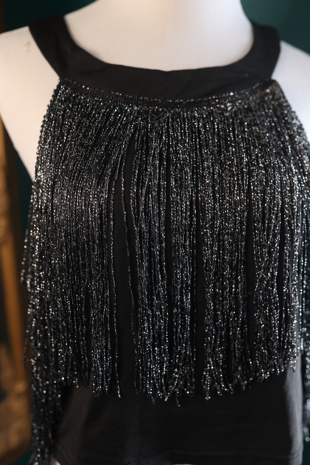 Fringe Tassel Trim Glitter Crop Top Sleeveless Halter Neck Cowgirl Festival XL