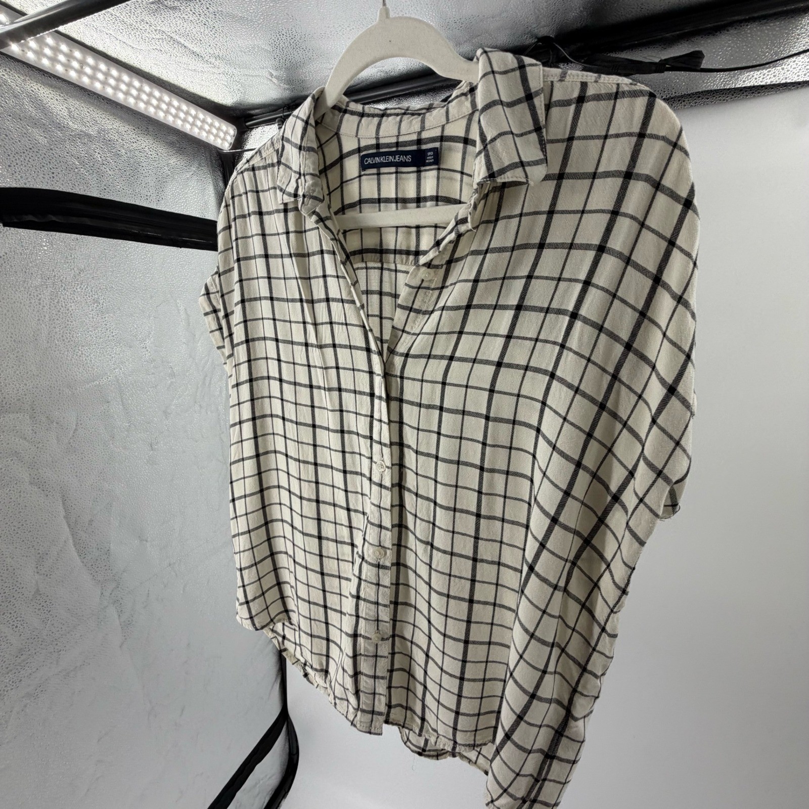 Calvin Klein Jeans Womens Cream Black Windowpane Check Viscose Shirt Small