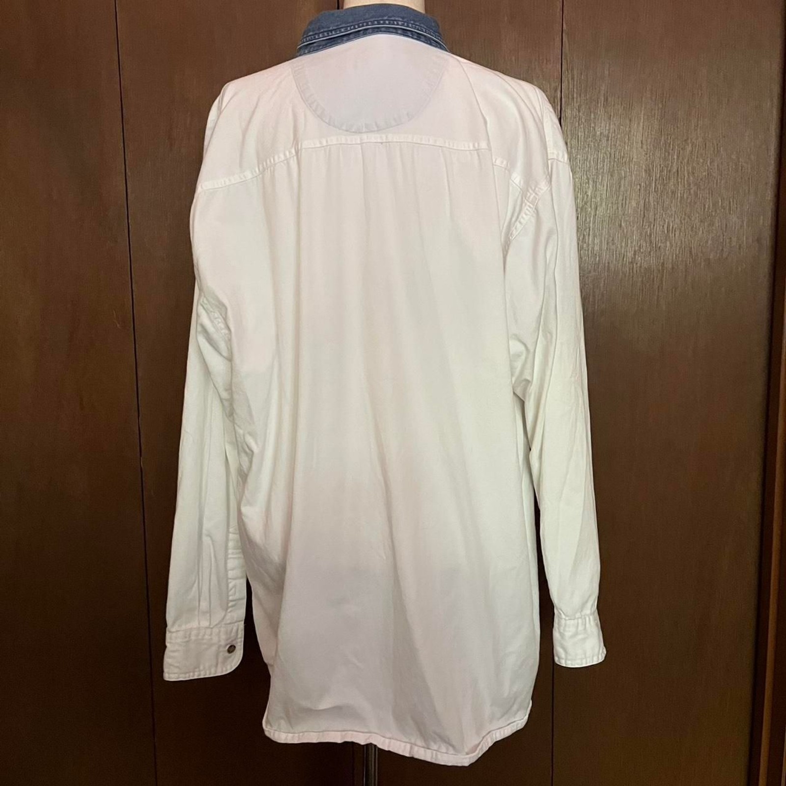 White Denim Button-Up Shirt with Blue Denim Collar