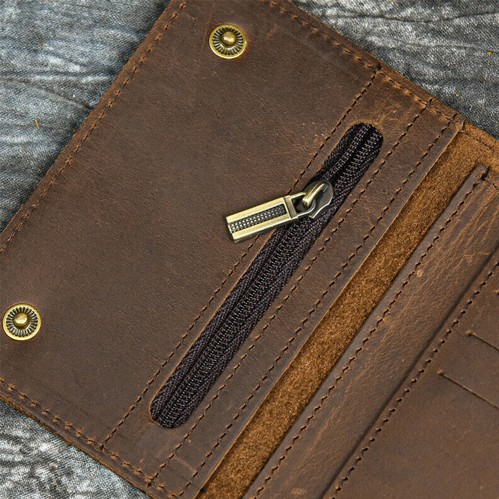 Men’s Tri-fold Vintage Leather Biker Chain wallet With snap Closur Zipper Purse#
