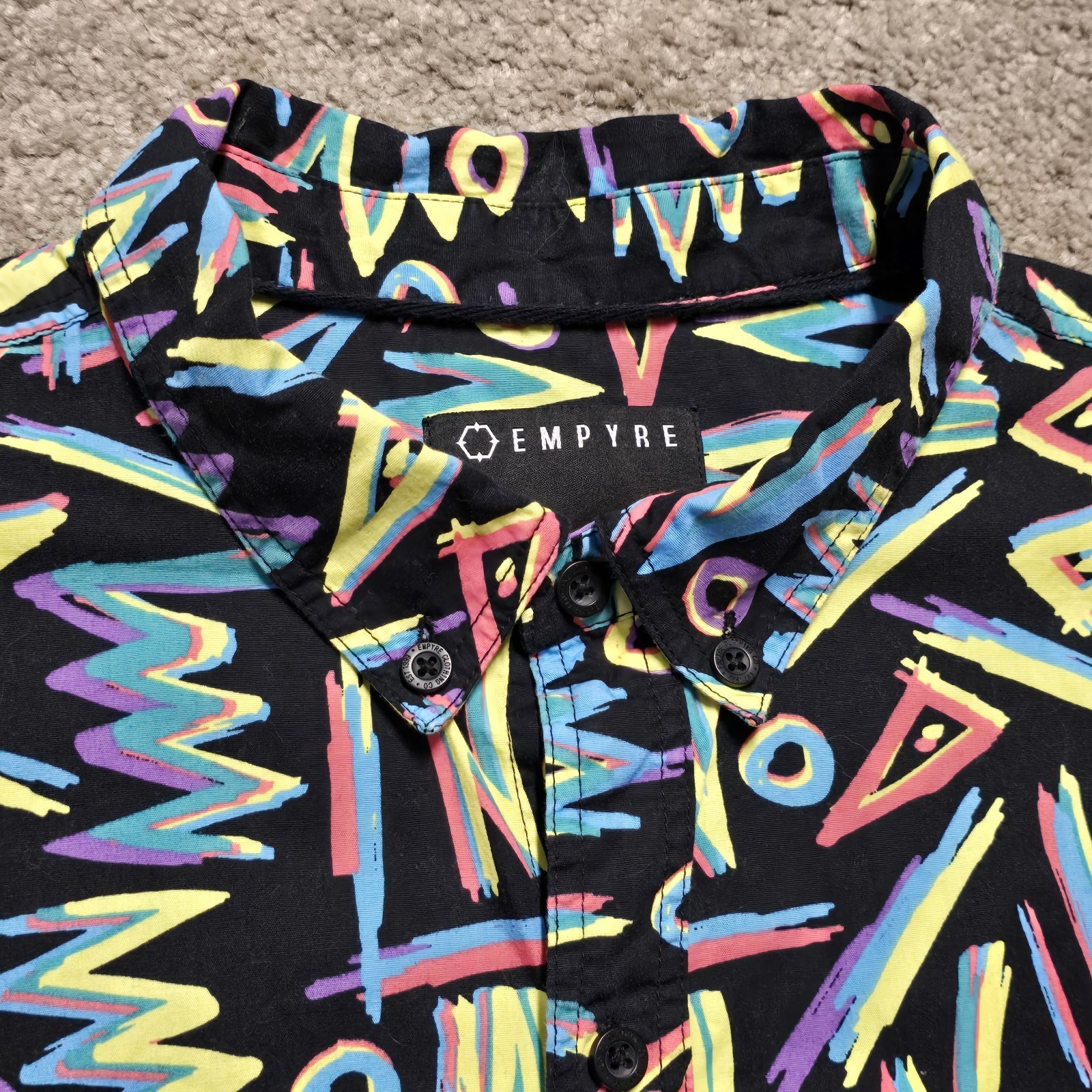 Empyre Geometric Abstract Button Up Shirt Mens Large Retro 90s Neon Skate Surf