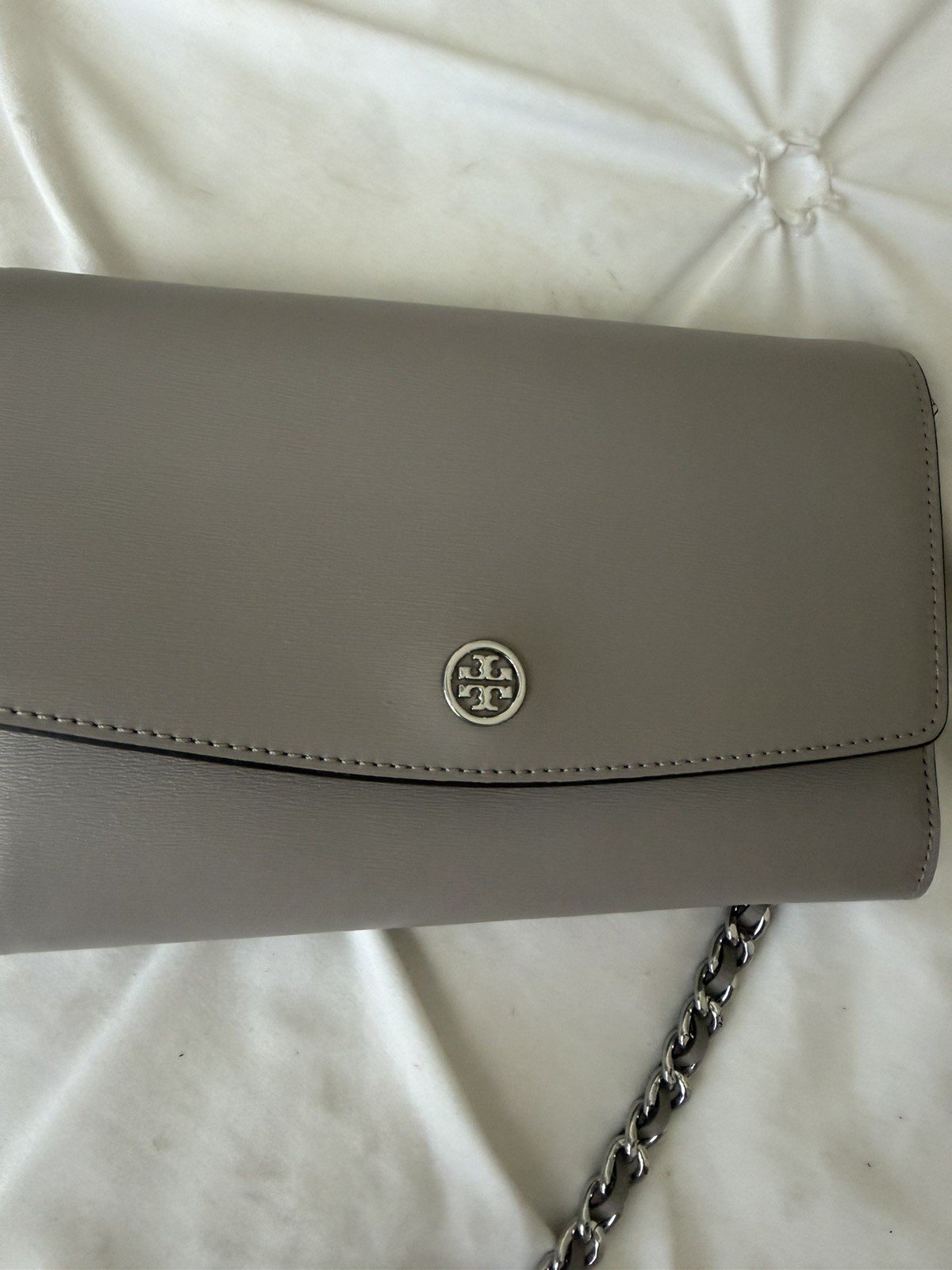 Tory Burch Gray Leather Robinson Wallet On Chain Crossbody