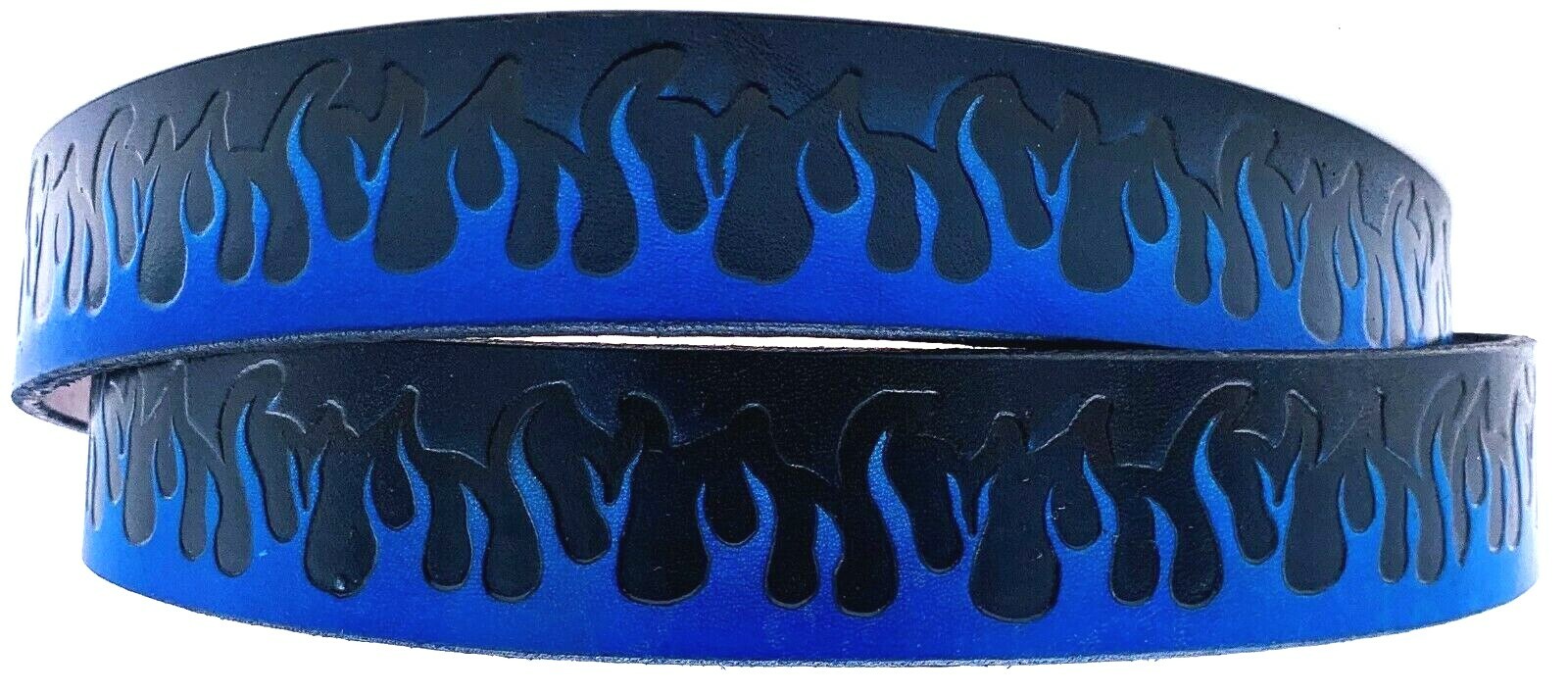 BLUE FLAMES EMBOSSED TRUCKER MOTORCYCLE COWHIDE LEATHER BELT SIZE 26-48 USA MADE
