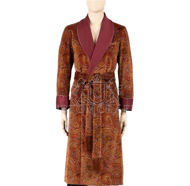 Luxury Men’s maroon jamawar Smoking Robe | Quilted Lapel & Cuffs | Victorian Sty