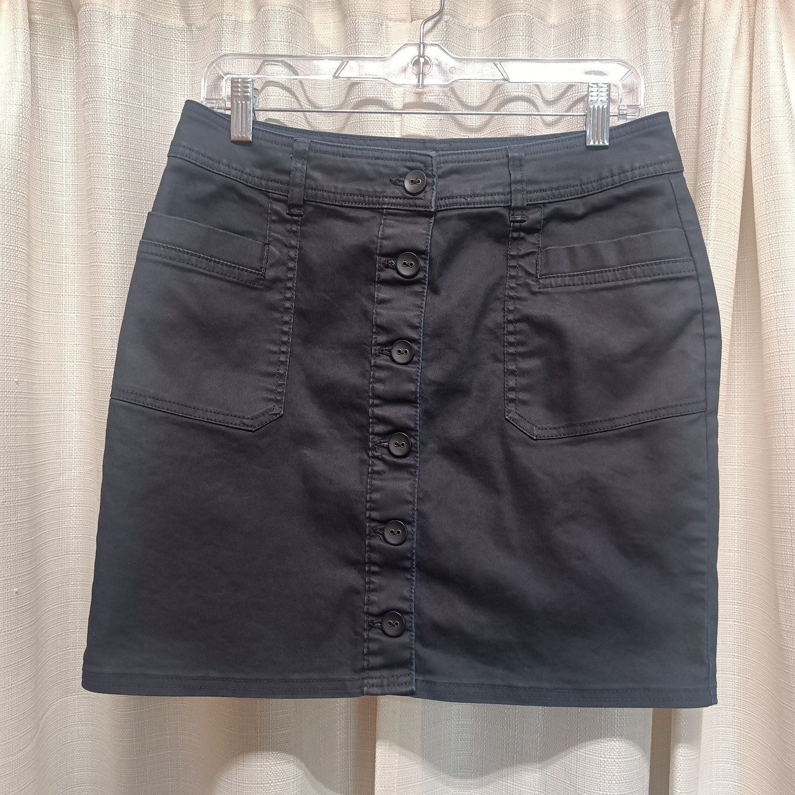 Prana Women’s Size 8 Navy Cotton Blend Button Front Denim Mini Skirt Pockets