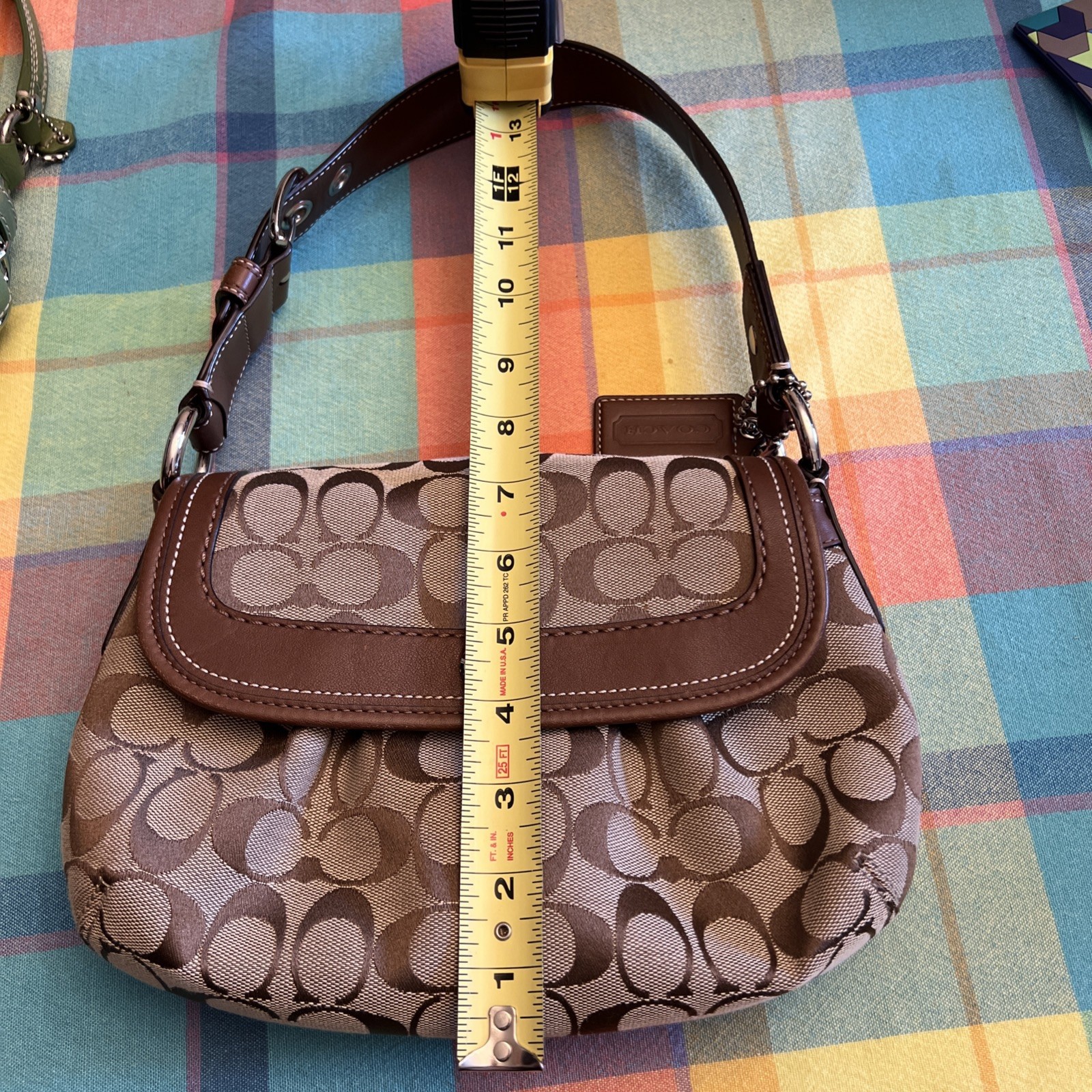 Authentic Coach F13738 Signature Flap Shoulder Bag Brown Khaki Jacquard Purse