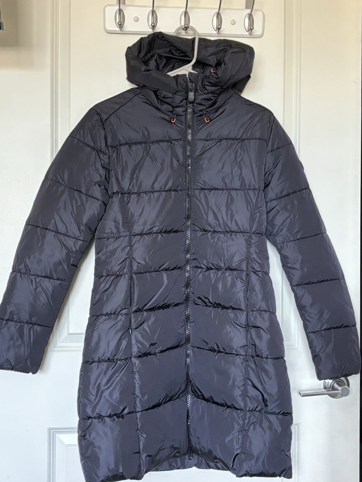 Save The Duck Women’s Long Hooded Puffer Coat Black Size 1/S Vegan Plumtech