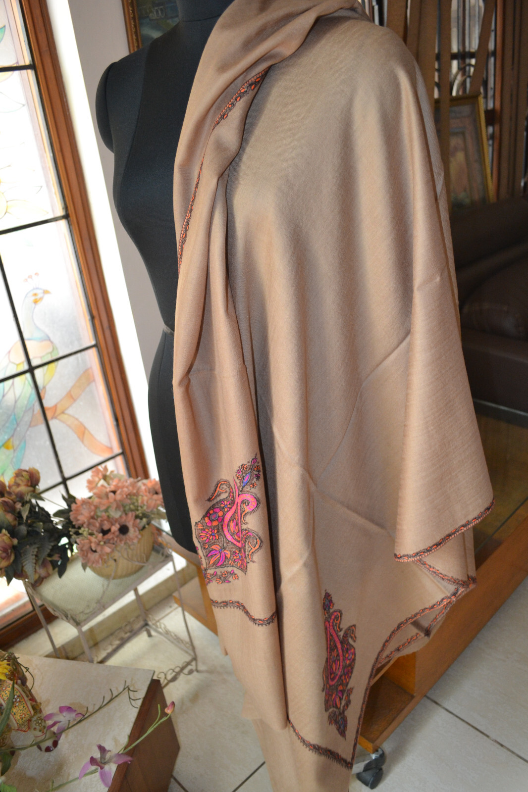 KASHMIRI HERITAGE MICRO BORDER EMBROIDERY DAUR SHAWL MOSS – CASHMERE PASHMINA